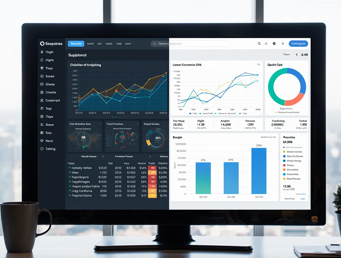 Abstract realistic visualization of market data analysis using charts, graphs, trends, forecasting arrows and numerical indicators in a professional technical environment on a computer monitor screen.