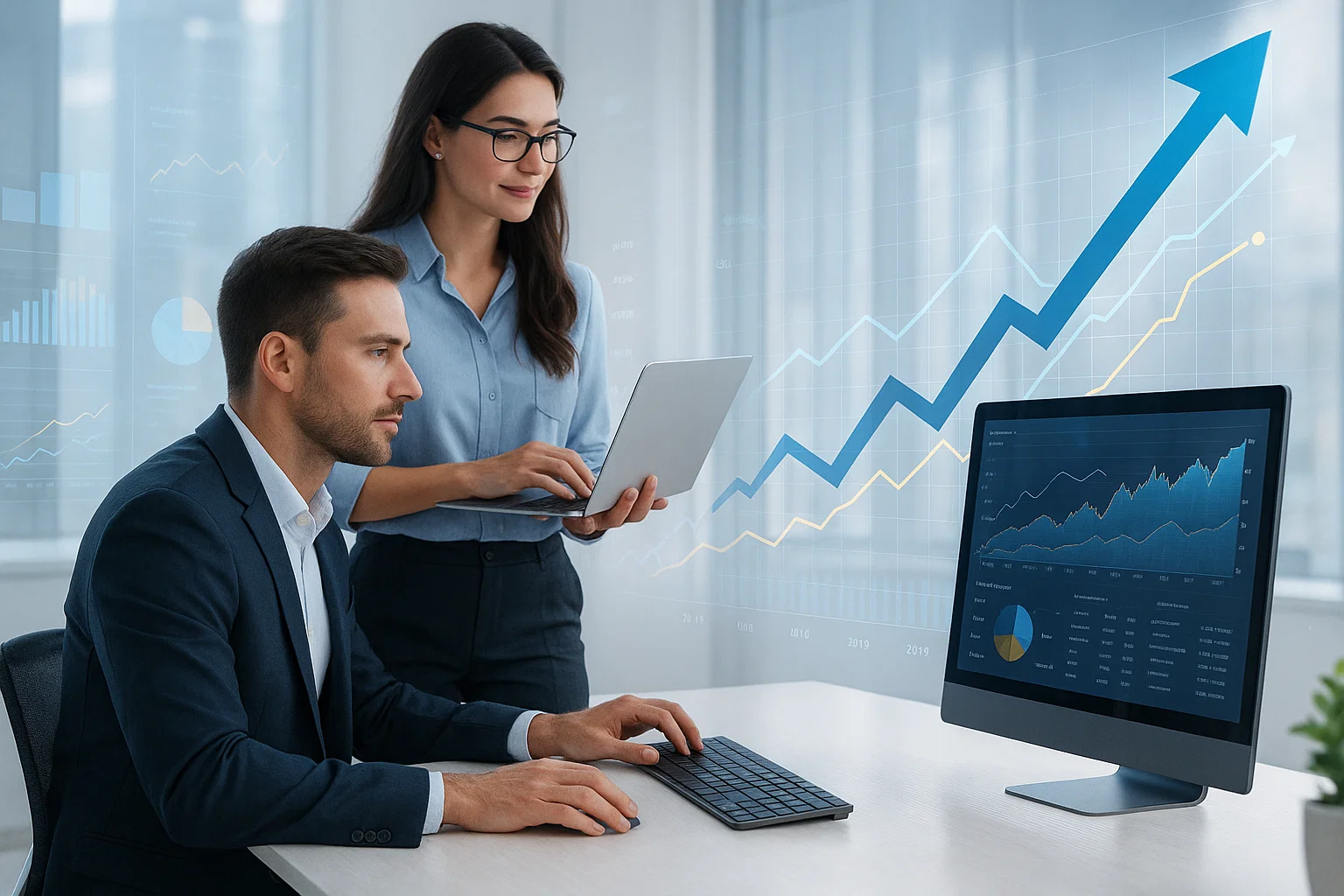 SEO team reviewing forex broker analytics dashboard and discussing organic growth trends.