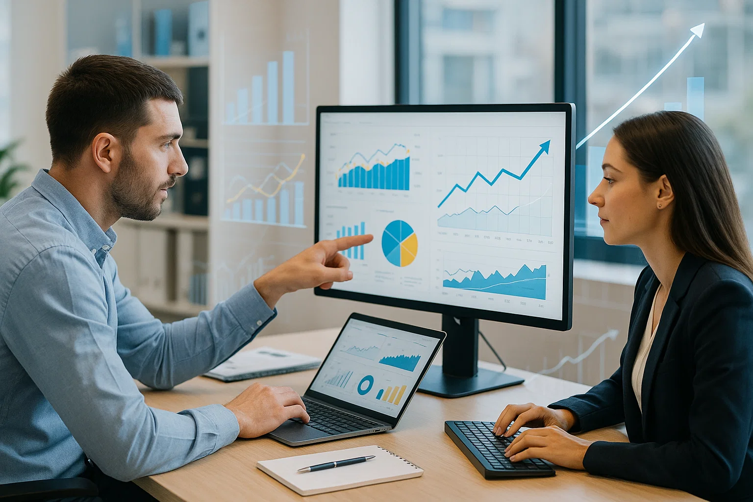 Two marketing professionals analyzing SEO analytics and data growth charts on computer screens.