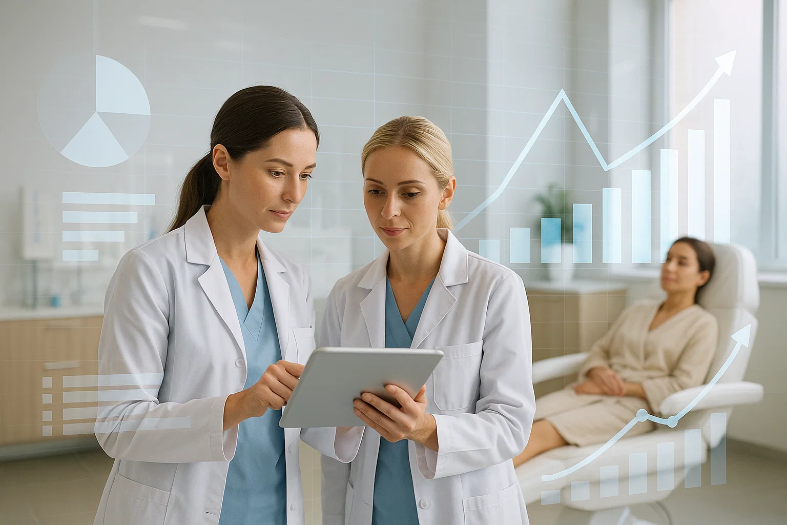 Medical clinic doctors reviewing SEO performance data and growth charts on a tablet.